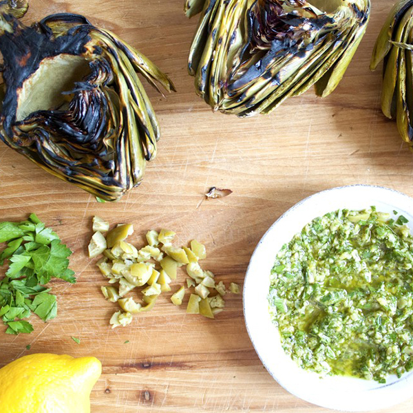 Grilled Artichoke with Green Olive Dip